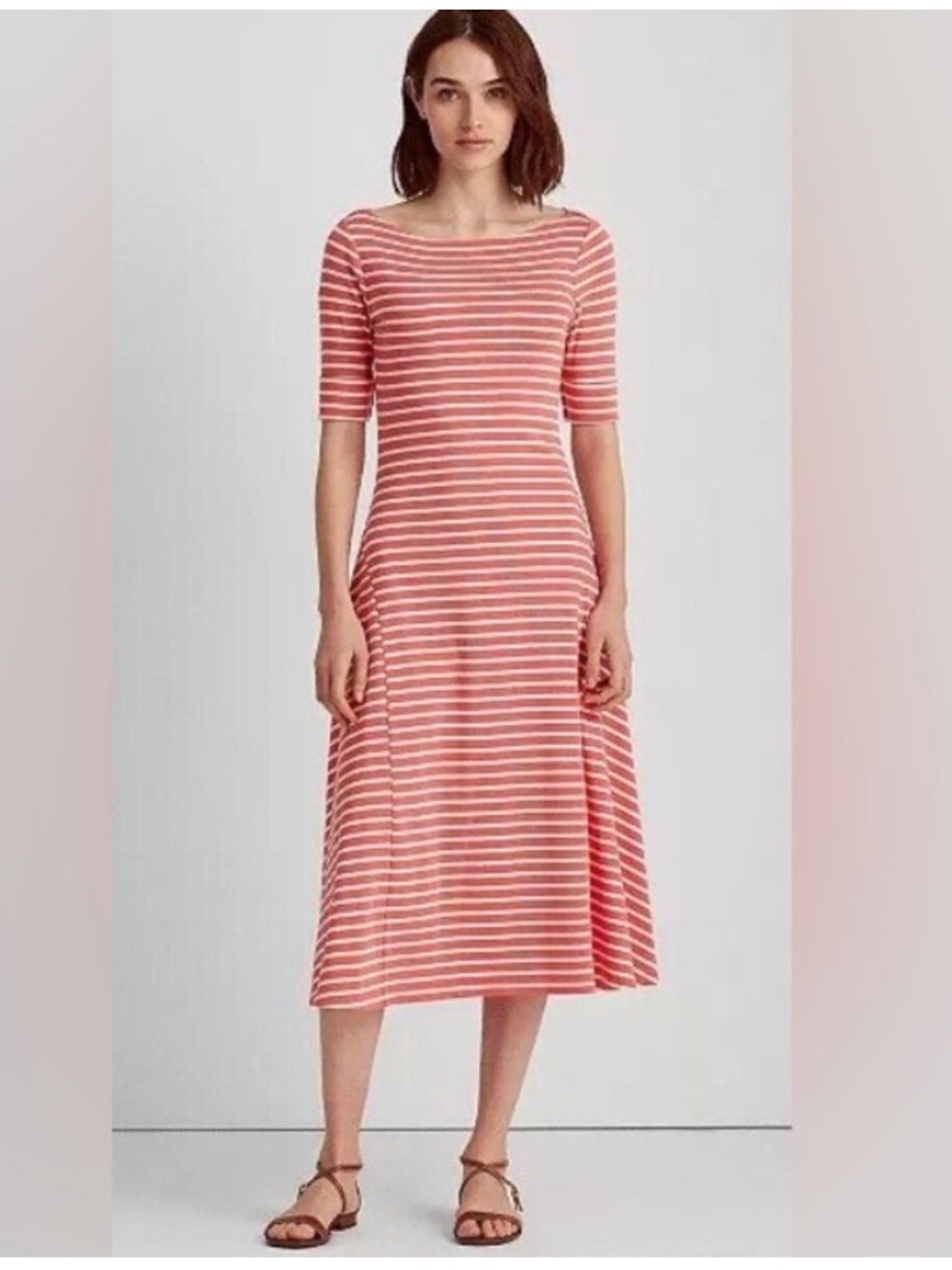 Polo Ralph Lauren Coral and White Striped Midi Dress